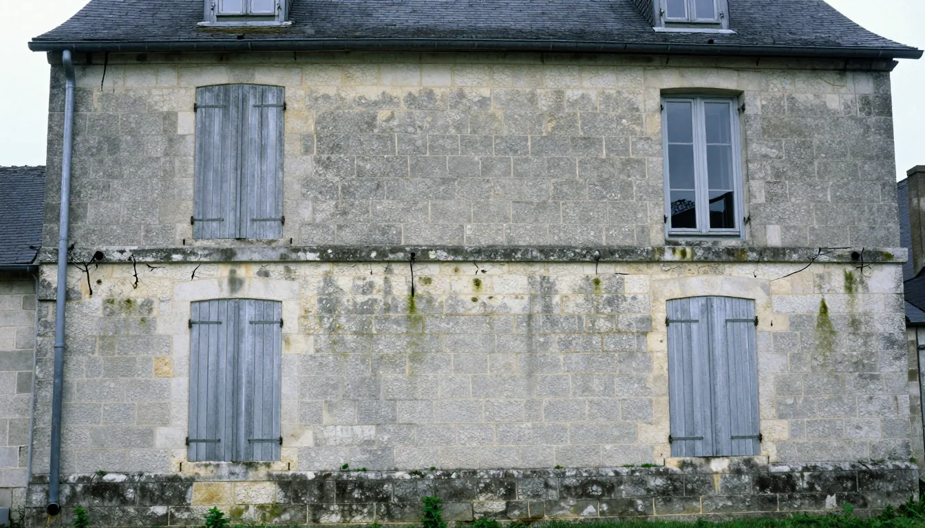 Façade enduite d'une maison de village, encrassée et verdie en pied de mur.