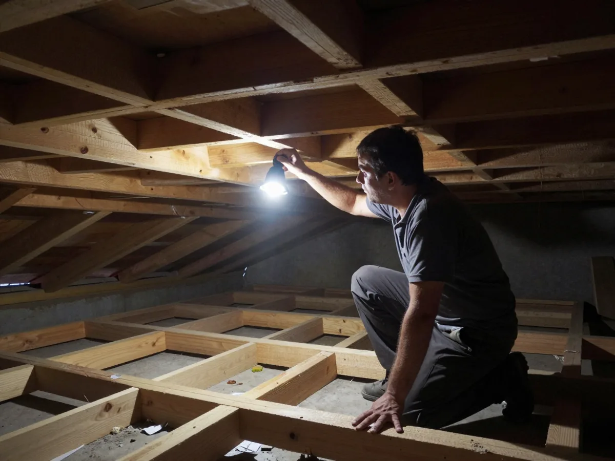 Inspection de la sous-face d'une toiture dans des combles, à la lampe torche.