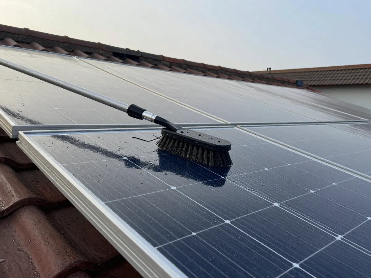 Brosse douce à long manche nettoyant à l'eau la surface vitrée d'un panneau solaire.