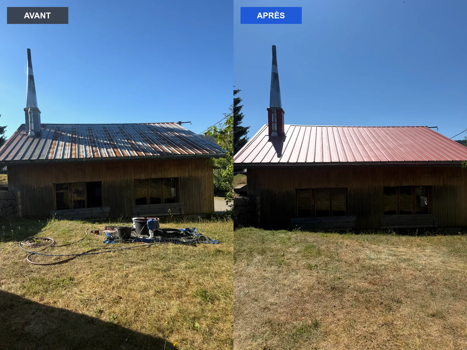Toiture bac acier d'une ferme — avant / après