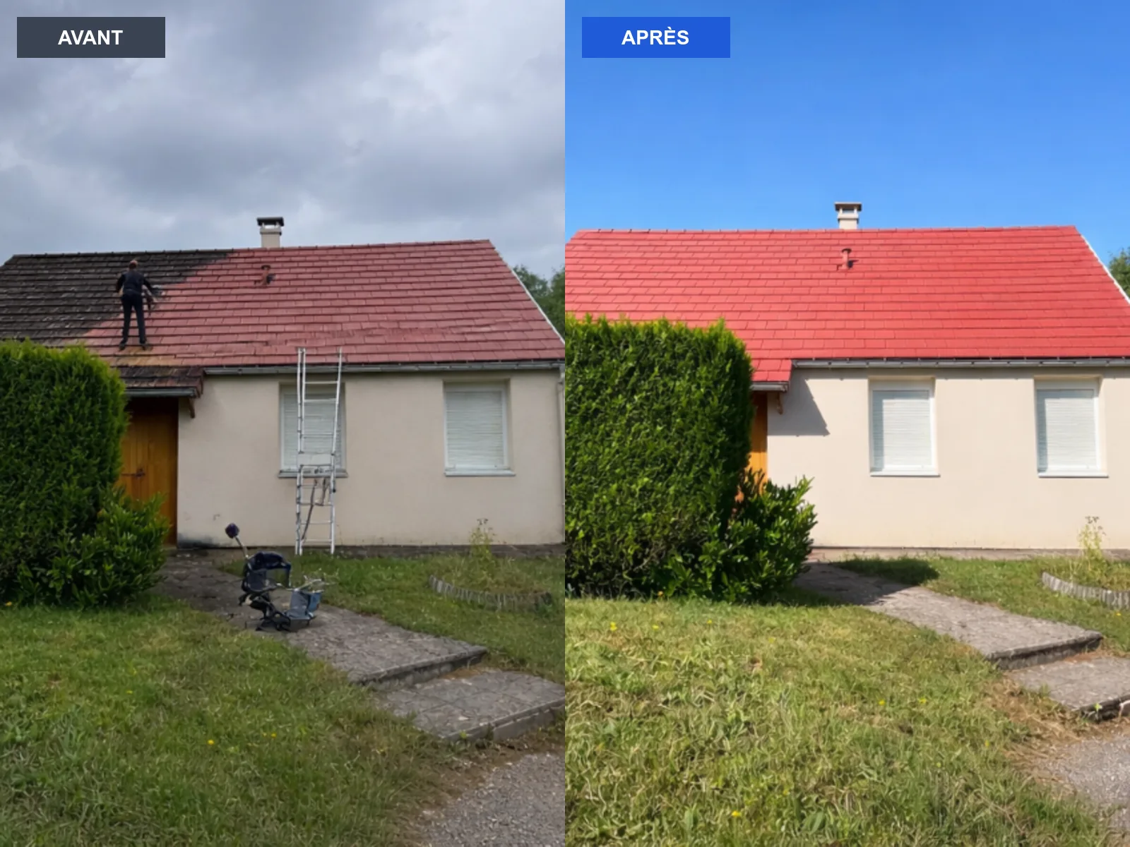 Rénovation de toiture en tuiles — avant / après